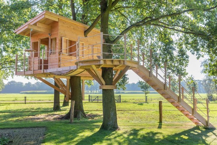 Ein Baumhaus mit Aussteifung über zwei Bäume ist besonders stabil.=