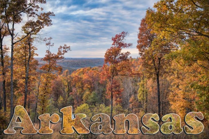 Ponca City Arkansas Herbstszene mit dem Wort Arkansas gefüllt mit Herbstlaub im Vordergrund