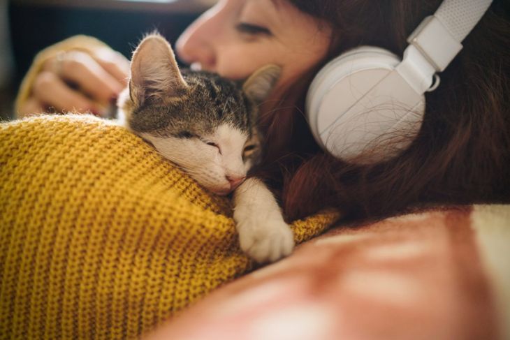 Eine Katze kuschelt sich mit einer Frau auf einer Couch in Kopfhörer.